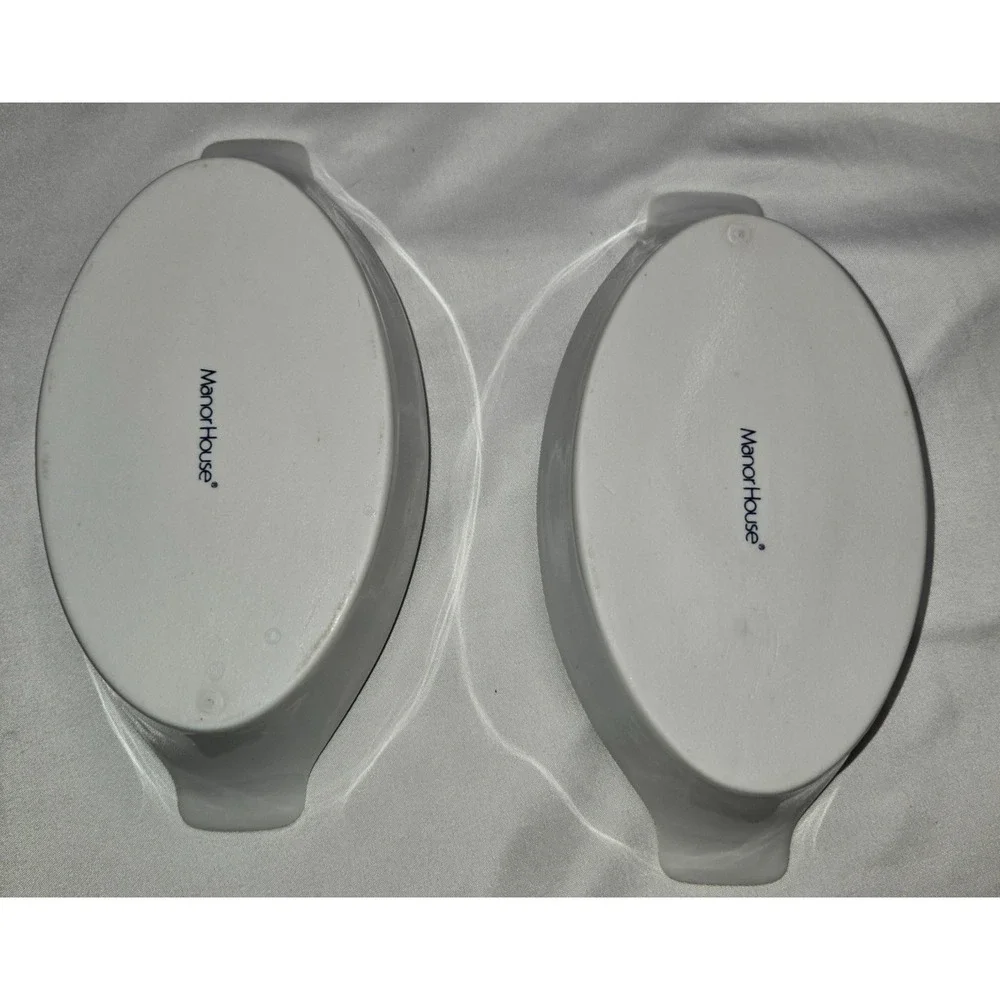 Vintage Manor House Porcelain Oval Handled Serving Dishes Blue Red Set of 2
